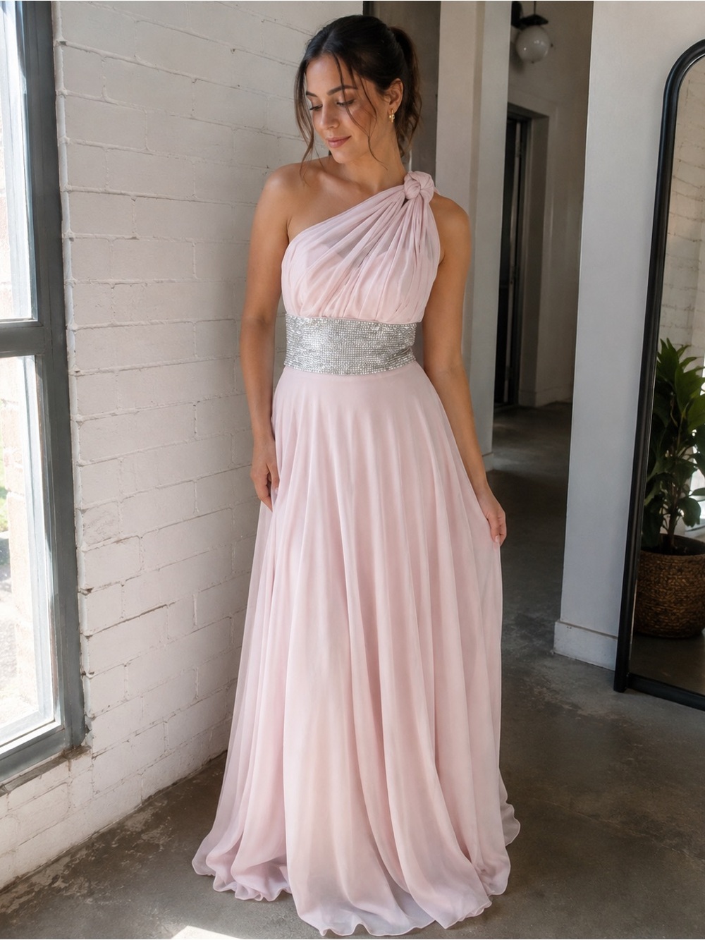 JJ’s House Blush Pink One-Shoulder Princess A-Line Rhinestone Formal Gown 🌸🎀